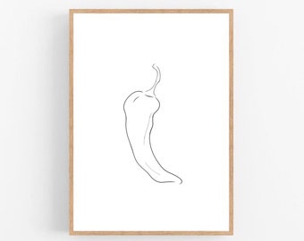 May include: A line drawing of a single chili pepper in black on a white background.