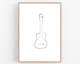 May include: A black and white line drawing of a guitar on a white background. The guitar is in the center of the image and is framed by a light wood frame.