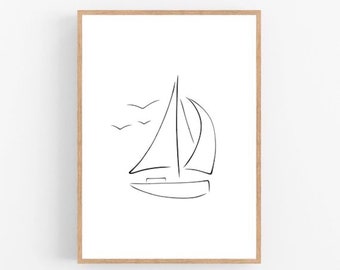 Sail boat line art, Sail boat print, Abstract sea wall decor, Minimalist art, Modern room decor, Ocean printable wall art, Sails, Drawing