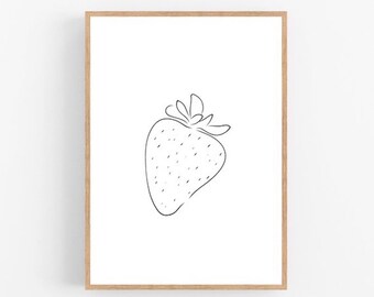 Strawberry line art, Strawberry print, Abstract fruit wall decor, Minimalist art, Modern room decor, Food printable wall art, Drawing