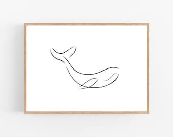 Whale line art, Whale print, Abstract ocean wall decor, Minimalist art, Modern room decor, Sea printable wall art, Drawing, Oceans