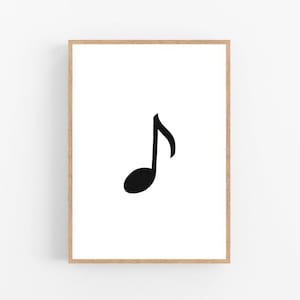 May include: A black and white printable art print of a musical note in a simple, modern style. The note is centred on a white background and framed in a light wood frame.