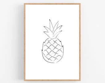 Pineapple line art, Pineapple print, Abstract food wall decor, Minimalist art, Modern room decor, Kitchen printable wall art, Drawing