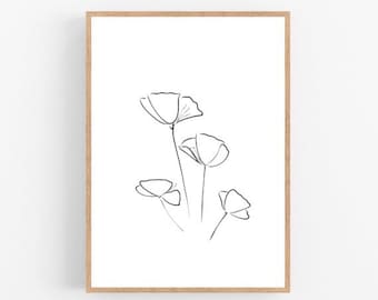 Poppies line art, Flower print, Abstract floral wall decor, Minimalist art, Modern room decor, Poppy printable wall art, Drawing, Plants