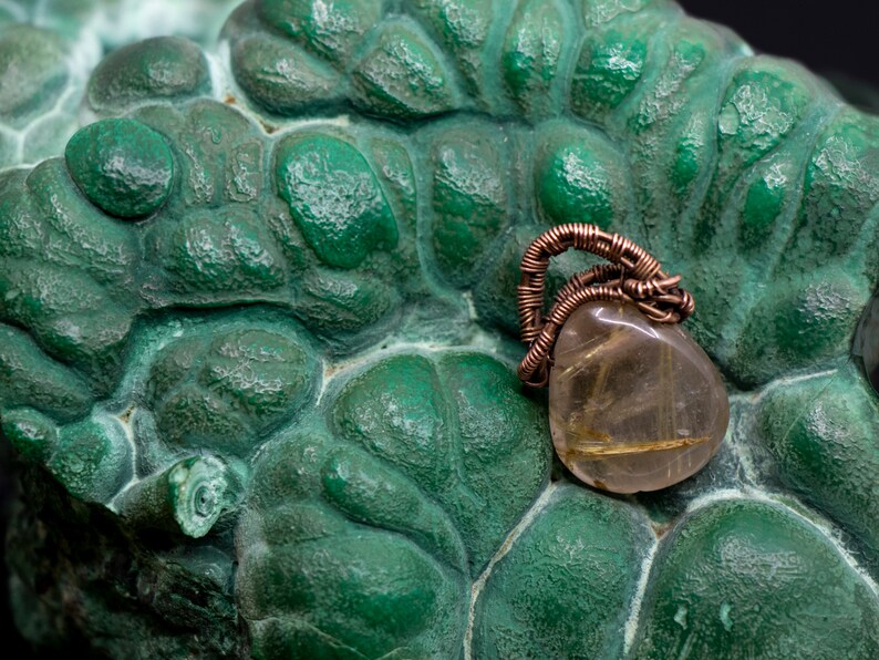 Sunshine Pendant ~ Gold Rutile Quartz /& Garnet ~ Original Art Copper Wire Wrap ~ Somethings Wonderful