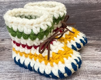 Baby Shoes // Baby Slippers // Crochet Booties // Leather Bottom Boots // Newborn Baby Toddler Child - HUDSON STRIPES