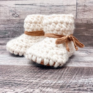 Baby Shoes // Baby Slippers // Crochet Booties // Leather Bottom Boots // Newborn Baby Toddler Child NEUTRAL with CARAMEL Shoelace Ties image 2