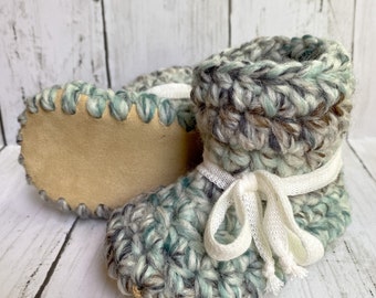 Baby Shoes // Baby Slippers // Crochet Booties // Leather Bottom Boots // Newborn Baby Toddler Child- SEAGLASS with WHITE Laces