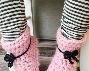 Baby Shoes, Baby Slippers, Crochet Booties, Leather Bottom Boots, Newborn Baby Toddler Child - PINK with BLACK BOW