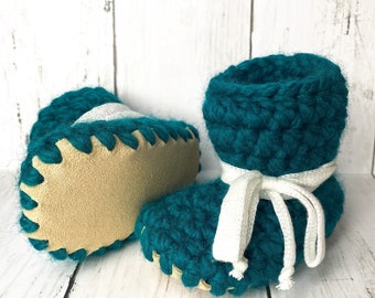 Baby Shoes // Baby Slippers // Crochet Booties // Leather Bottom Boots // Newborn Baby Toddler Child - TEAL with WHITE Laces