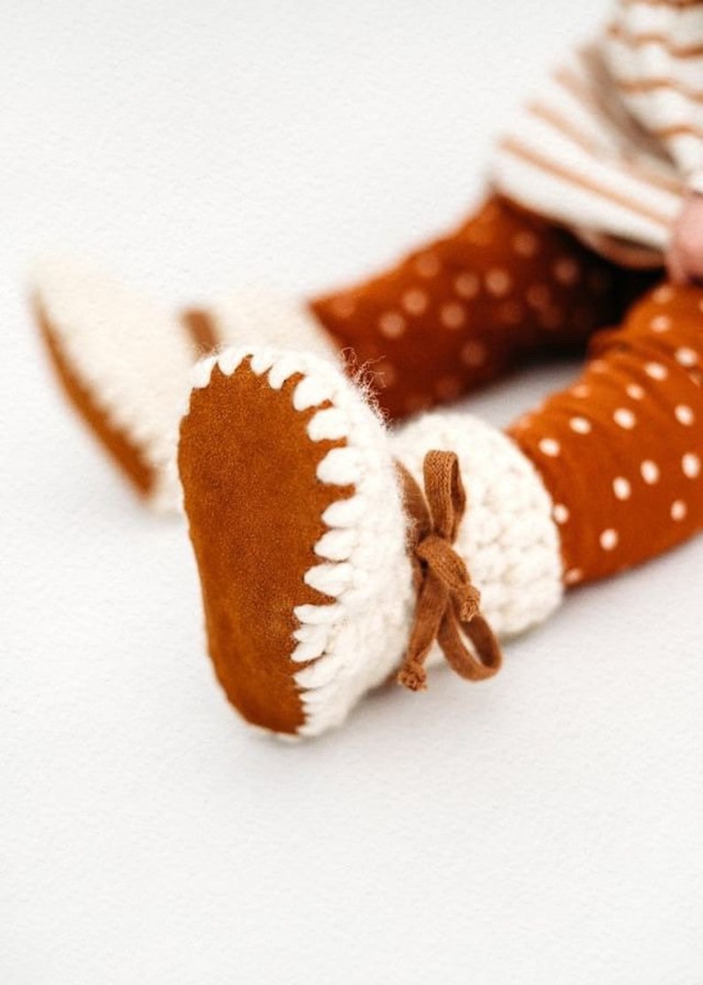 Baby Shoes // Baby Slippers // Crochet Booties // Leather Bottom Boots // Newborn Baby Toddler Child NEUTRAL with CARAMEL Shoelace Ties image 1