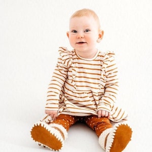 Baby Shoes // Baby Slippers // Crochet Booties // Leather Bottom Boots // Newborn Baby Toddler Child NEUTRAL with CARAMEL Shoelace Ties image 3