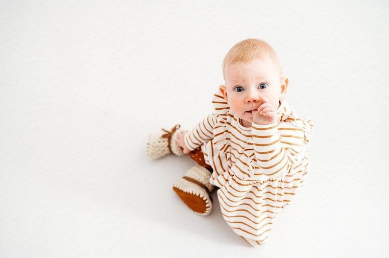 Baby Shoes // Baby Slippers // Crochet Booties // Leather Bottom Boots // Newborn Baby Toddler Child NEUTRAL with CARAMEL Shoelace Ties image 4