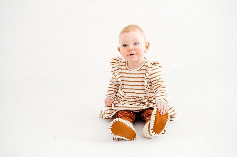 Baby Shoes // Baby Slippers // Crochet Booties // Leather Bottom Boots // Newborn Baby Toddler Child NEUTRAL with CARAMEL Shoelace Ties image 5