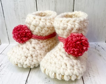 Baby Shoes // Baby Slippers // Crochet Booties // Soft Leather Bottom Boots // Newborn Baby Toddler Child - NEUTRAL WITH POMPOM