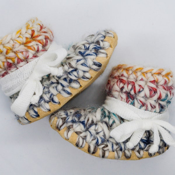 Baby Shoes // Baby Slippers // Crochet Booties // Leather Bottom Boots // Newborn Baby Toddler Child- HUDSON with WHITE Laces