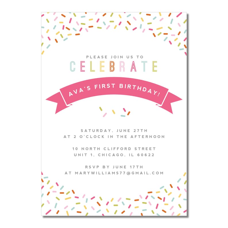 Digital or Printed Birthday Invitation Celebrate with Sprinkles Kid/'s Sprinkle Birthday Invitation Multicolor Sprinkle Birthday Invite