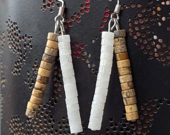 Jasper Gemstone and White Jade Heishi Beaded Earrings