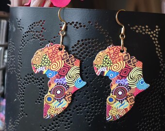 Colorful Wooden African Continent Earrings
