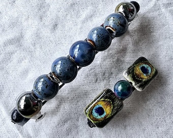 Set of Two Beaded Metal Barrettes/Hair Clips