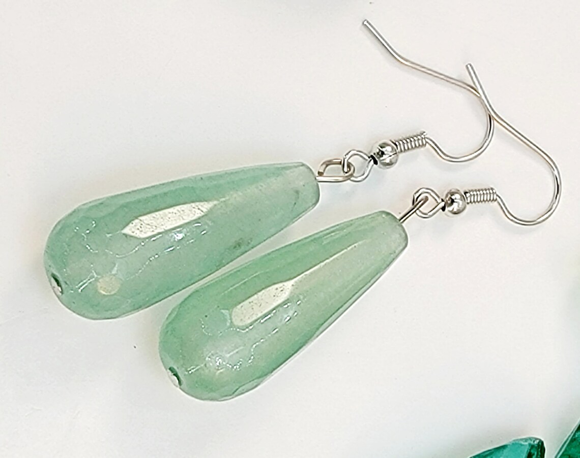 Green Jade Earrings Light Green Earrings Jade Teardrop Etsy