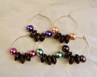 Wine Charms, Set of 5, Wood Beads, Pearl beads