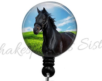 Black Horse Retractable Badge Reel - Cute for Office ID, Nurse, Doctor, LPN, RN,Equine, Equestrian, Nature Lover