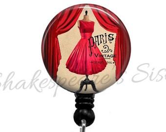 Red Fashion Dress Badge Reel - Retractable Reel - Paris Love Fashionista - Glamour ID Holder