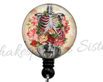 Human Anatomy Badge Reel - Retractable Badge Holder - Skeleton and Flowers - Nurse Badge Reel - Medical ID Holder