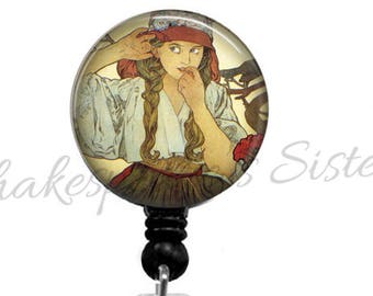 Art Nouveau Badge Reel - Retractable ID Holder - Mucha Art - Nurse Badge Reel - Office ID Holder