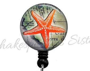 Starfish Badge Reel - Retractable ID Holder -Sea Star - Badge Holder, Nautical, LPN, RN, Office Badge, Teacher Id, Ocean Life