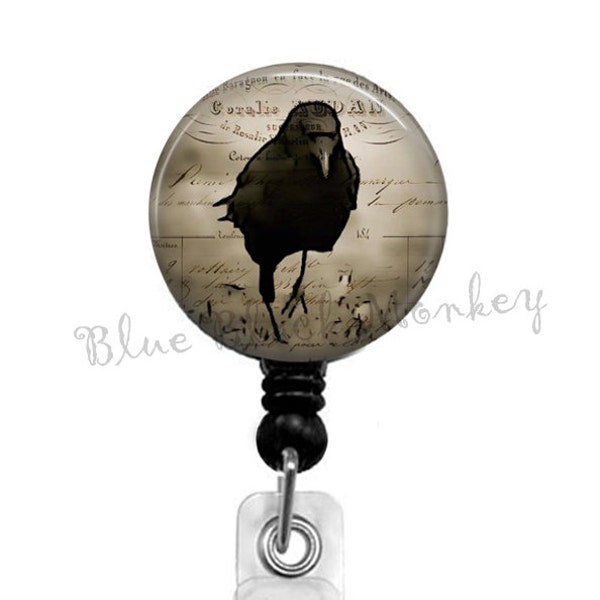 Black Crow, Black Raven, Primitive, Gothic Altered Art, Badge Reel, Retractable Badge Holder