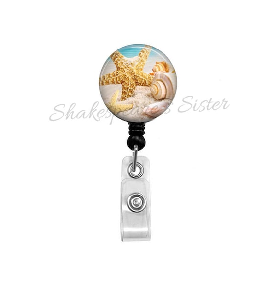  Seashell/beach monogram Badge ID holder with retractable reel  with copper base and coordinating beads : Handmade Products