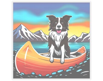 Border Collie dog canoeing on a mountain lake. Sticker, Decal