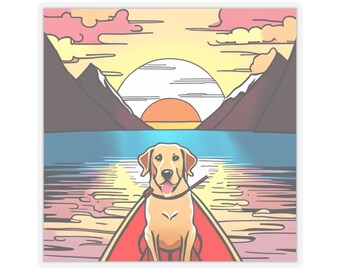 Golden Lab Labrador dog canoeing on a mountain lake.Sticker Decal