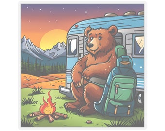 Bear sitting by the fire, camping in his tear drop vintage trailer. Sticker Decal