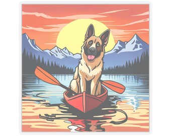German Shepherd Dog Canoeing on a Mountain Lake. Sticker Decal Canoe