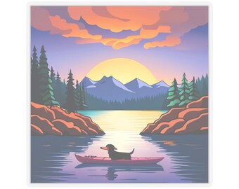 Dachshund Dog kayaking on a mountain lake. Sticker Decal