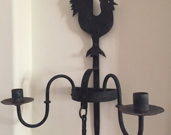 Iron Rooster Wall Sconce, Pot Rack, Iron Candle Sconce, Wrought Iron Wall Sconce, Rooster Pot Rack, Meat Hook Pot Rack,  Forged Iron Sconce