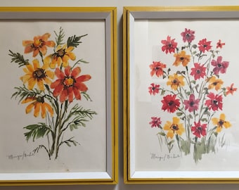 Pair of Original Floral Watercolors, Mougin Nickol Paintings, Mid Century Art, Floral Art, Floral Watercolor Paintings, Daisy Paintings