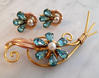 1950's Van Dell Brooch and Earrings Set, Jewelry Set, Pin and Earring Set, Brooch and Earring Set, Aquamarine Jewelry, Pearl Jewelry