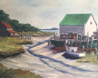 Oceanside Painting, 1956 Painting, Signed Painting, Nautical Painting, Boat Painting, Seaside Painting, Ocean Painting, Dockside Painting