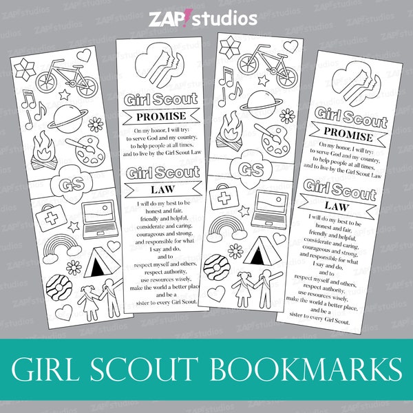 Girl Scout Promise and Law Bookmark, Printable Girl Scout Coloring Bookmark, Color your Own Bookmark, Girl Scout Promise and Law Activity