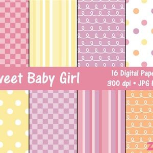 Pacote de papel para bebês meninas - papel de bolinhas - papel listrado - papel estampado - papel pastel - papel para scrapbook - papel digital