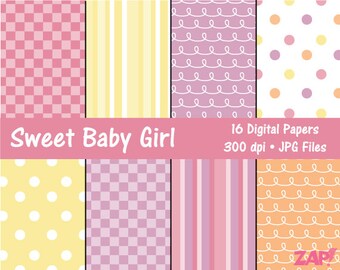 May include: A set of 16 digital papers in a variety of patterns, including polka dots, stripes, and checkered designs. The papers are in shades of pink, yellow, and orange. The text "Sweet Baby Girl" and "16 Digital Papers 300 dpi JPG Files" is included in the image.