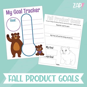 May include: Two printable sheets with a teal background. One sheet is titled "My Goal Tracker" with a bear illustration. The other sheet is titled "Fall Product Goals" with a bear illustration. The text "FALL PRODUCT GOALS" is at the bottom.