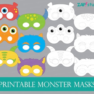 Könnte beinhalten: Ausdruckbare Monstermasken für Kinder. Die Masken sind in verschiedenen Farben und Designs, darunter grün, blau, orange, gelb und lila. Einige Masken haben Augen, während andere nur Augenlöcher haben. Die Masken sind zum Ausmalen bereit.