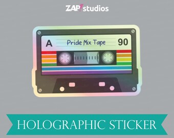 Pride Mix Tape Sticker, Holographic Rainbow Cassette Tape Vinyl Sticker, 80’s nostalgia, 90’s nostalgia, LGTBQ+ Pride Sticker