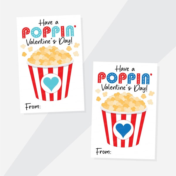 Blue Popcorn Valentine, Editable Classroom Valentine, Printable Popcorn card for Valentine's Day, Popcorn Favor Card, School Valentine