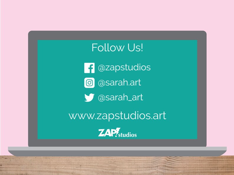 Pu&ograve; includere: Uno schermo di laptop che mostra le maniglie dei social media e un indirizzo del sito web. Il testo dice "Seguici!"  @zapstudios @sarah.art @sarah_art www.zapstudios.art ZAP! studios